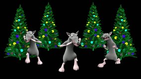 Dancing mice and Christmas tree. Realistic professional 3D animation. Mouse dance. Merry Christmas.