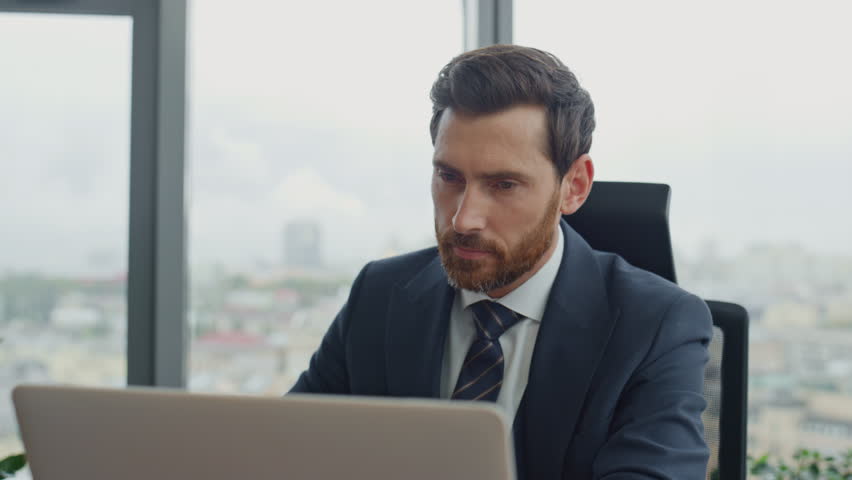 Bearded ceo manager writing work notes in notebook sitting luxury office desk closeup. Confident middle-aged business man working documents. Pensive executive director thinking new corporate strategy. | Shutterstock HD Video #1098268153