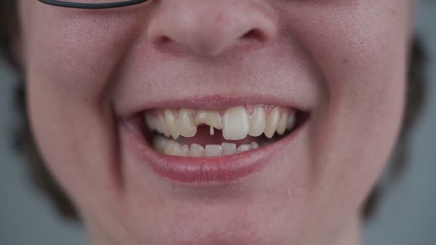Close-up of smile caucasian woman after front tooth injury. Tooth broken in half with fiberglass pins due to poor work and cheap dentist materials. Damaged tooth in young smiling female in studio.