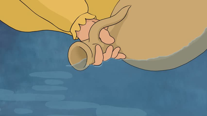 2D animation, clay jug being filled with spring water in nature.
