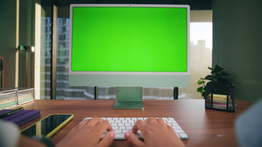 Unknown woman typing mockup computer in office closeup. Director arms working green screen pc device indoors. Anonymous entrepreneur sitting opposite chromakey monitor using wireless modern keyboard  | Shutterstock HD Video #1098288555
