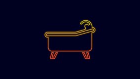 Glowing neon line Bathtub icon isolated on blue background. 4K Video motion graphic animation.