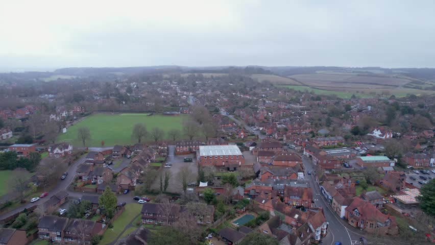 Beautiful aerial footage of Goring and Streatley in Winter. Village in Berkshire, Oxfordshire, British, UK