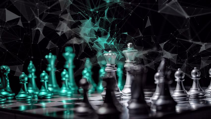 Rotating chessboard with pieces and digital graphics elements, chess notation, video loop Royalty-Free Stock Footage #1098293781