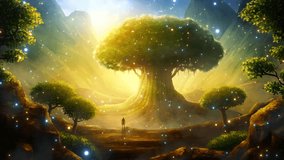 A giant ancient tree is seen in the distance by a tiny human figure in a fantasy landscape filled with lights floating in the ambient. Camera movement advance. Digital painting and 3d rendering - Powered by Shutterstock - Get 15% off with code: PIKWIZARD15