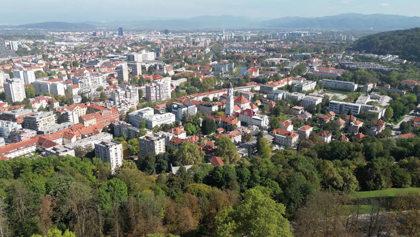Aerial shot of Poljane neighborhood in Ljubljana, Slovenia Royalty-Free Stock Footage #1098294671