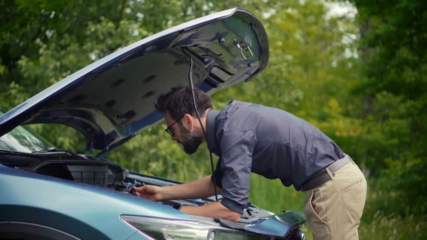 Driver Open Car Hood For Inspecting Problem . Call Tow Track. Driver Open Car Hood. Driver Maintenance Check Oil Level Engine. Broken Car Breakdown. Fixing Damage In Auto.Problem With Vehicle Accident Royalty-Free Stock Footage #1098298141