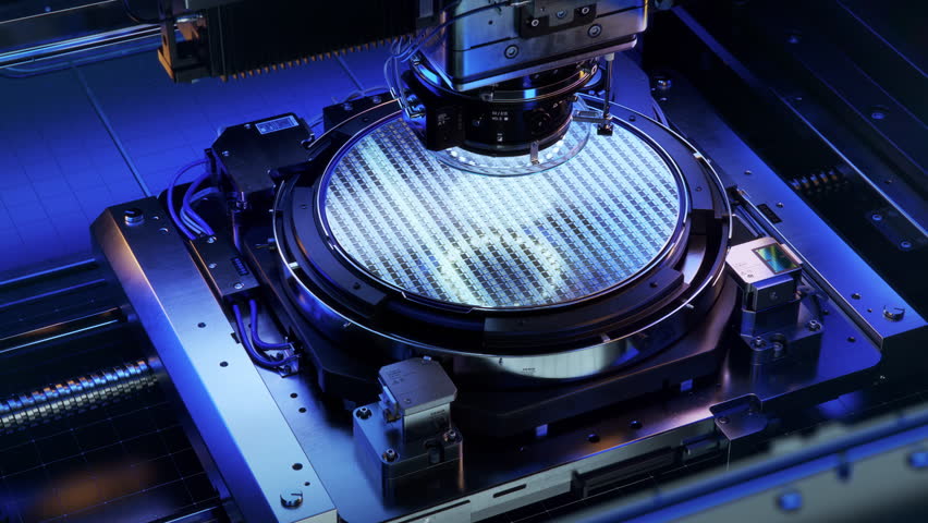 Silicon Wafer during Photolithography Process. Shot of Lithography Process that allows to Create Complex Patterns on a Wafer during Semiconductor and Computer Chip Manufacturing at Modern Foundry. Royalty-Free Stock Footage #1098301243