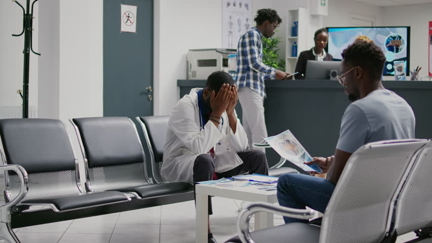 Tired frustrated physician sitting in hospital lobby, feeling overworked and stressed at facility reception waiting room. Exhausted doctor thinking about disease treatment in waiting area. Royalty-Free Stock Footage #1098301343