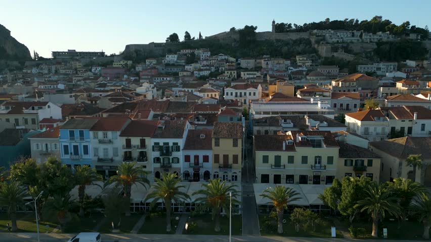 Aerial view of the city Nafplion in Greece on a sunny day in autumn