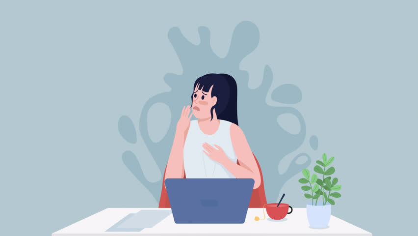 Animated lady under stress character. Panic attack at workplace. Full body flat person on grey background with alpha channel transparency. Colorful cartoon style HD video footage for animation