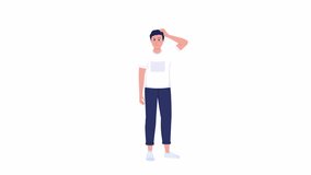 Animated embarrassed man. Confused male. Questions. Full body flat person on white background with alpha channel transparency. Colorful cartoon style HD video footage of character for animation