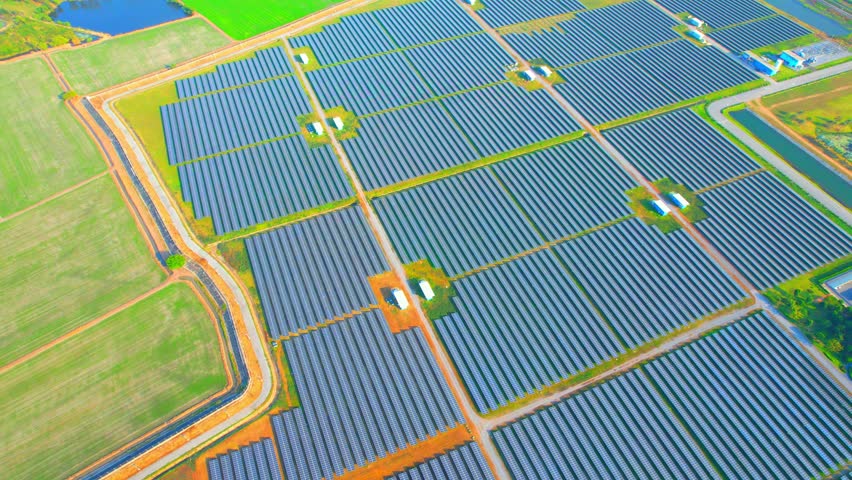 Drones are flying over solar cells, clean energy from the sun. alternative renewable energy concept. reduce environmental problems. electricity industry from clean energy. innovation concept. 4K
 Royalty-Free Stock Footage #1098304883