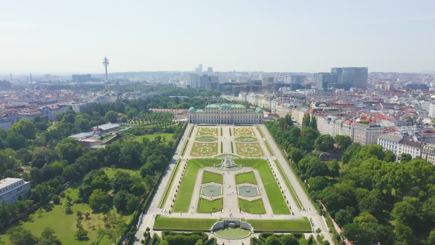 Inscription on video. Vienna, Austria. Baroque palace complex in Vienna. Built by Lucas von Hildebrandt at the beginning of the 18th century. Text from small balls, Aerial View