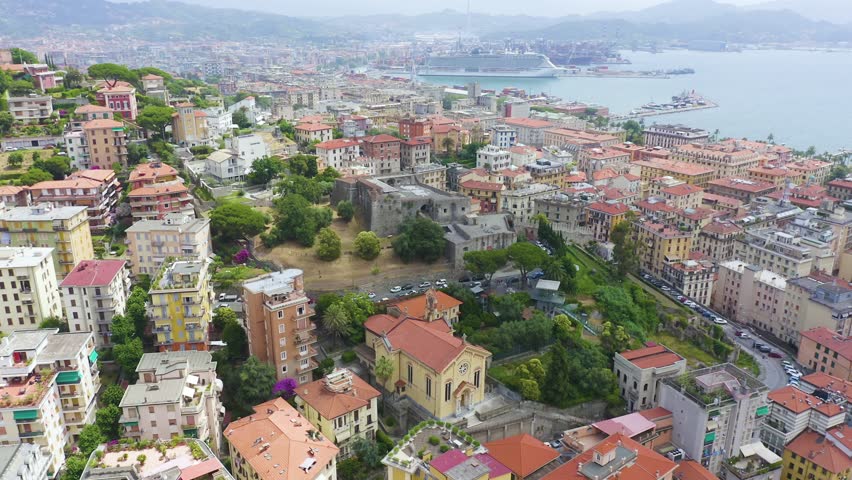 Inscription on video. La Spezia, Italy. Castle of San Giorgio. View from above. On the mechanical display, Aerial View, Point of interest