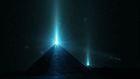 Sci-fi 3D render of Egyptian pyramids at night shooting light rays from the tips against a star-filled sky. Alien contact. Fantastic laser beams emanating from the pyramids into the sky, Mystic rays