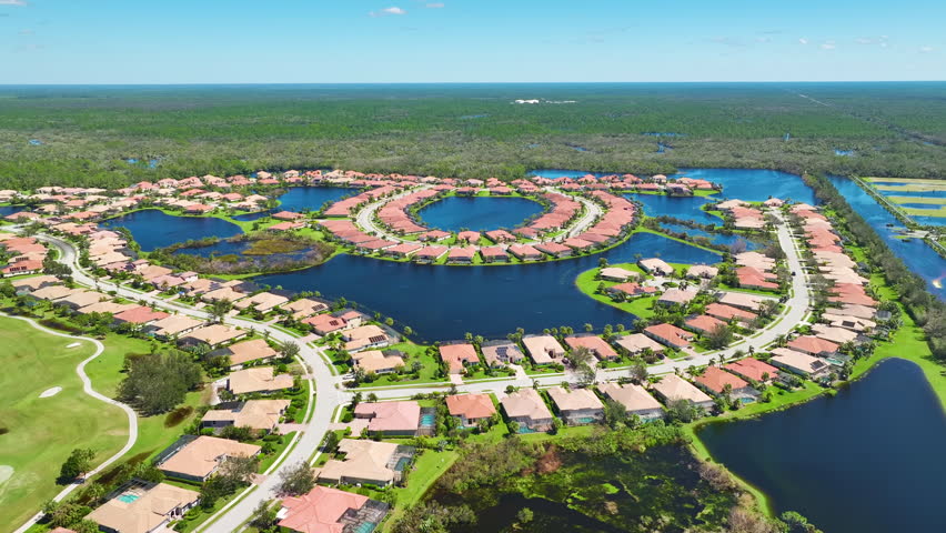 Flooded residential houses by hurricane Ian rainfall in Florida residential area. Consequences of natural disaster