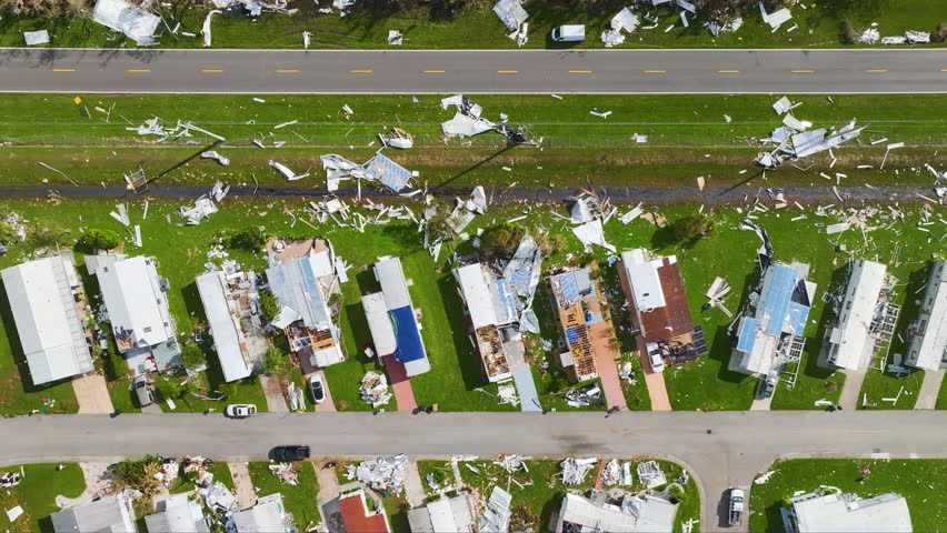 Badly damaged mobile homes after hurricane Ian in Florida residential area. Consequences of natural disaster | Shutterstock HD Video #1098320231