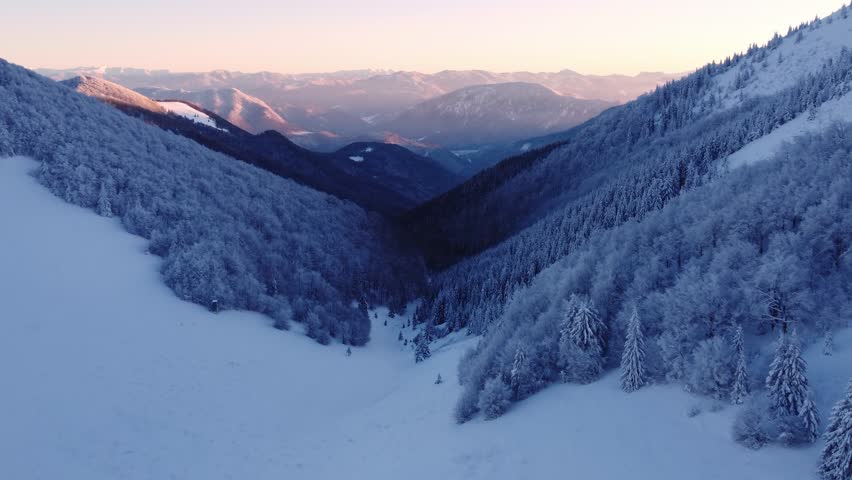 Winter snowy mountain landscape, snowy spruce trees, aerial shot from a drone Royalty-Free Stock Footage #1098320449
