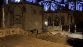 Cathedral of Saint Mary, in Burgos, Spain illuminated at night. High quality 4k footage . 