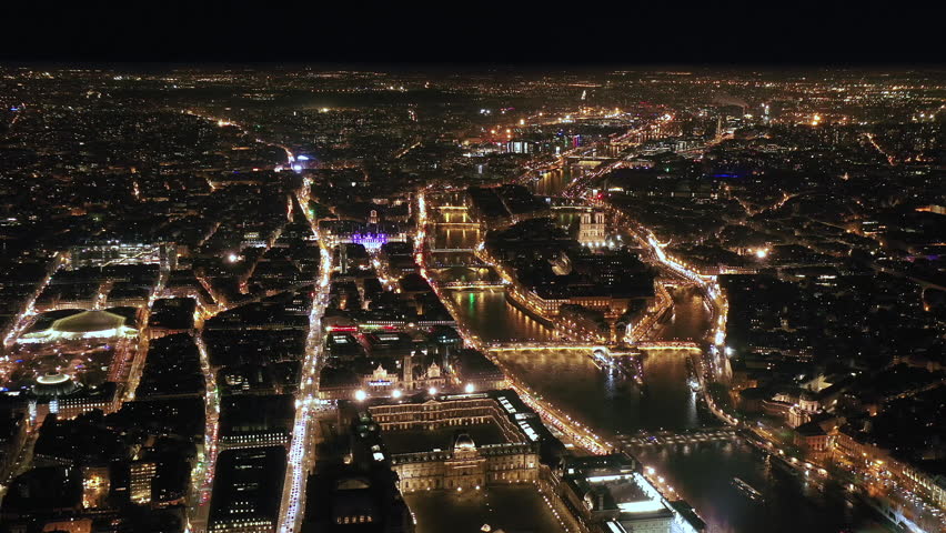 Paris aerial night view City Island and river la seine  Royalty-Free Stock Footage #1098321649
