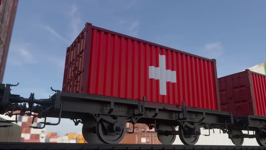 Containers with the flag of Switzerland. Railway transportation