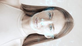 Artificial intelligence young woman with Blue eyes natural make-up in the background hologram Technology Digital background Neural network Collage Space for text neural networks Vertical frame - Powered by Shutterstock - Get 15% off with code: PIKWIZARD15