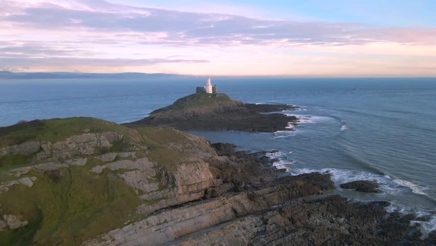 mountains, sea, seagulls, lighthouse, South Wales