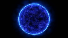 Abstract energy sphere round planet star futuristic cosmic blue beautiful glowing magic on black background. Abstract background. Video in high quality 4k, motion design
