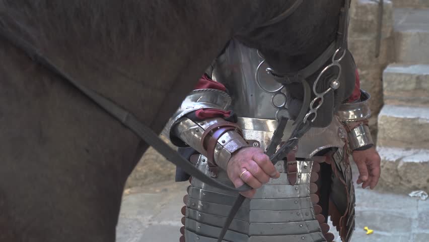A knight in metal armor holds the reins of a horse and hands them to a woman in front of the castle walls