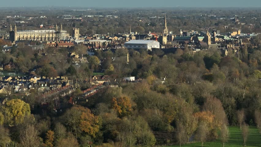 Cambridge Historic City Aerial View Autumn Winter Colour Long Lens Landscape Grantchester Meadows Slow Motion