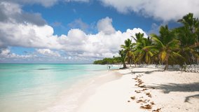 Maldives island with palm beach in summer sunny day. Sandy beach with bright palm trees. Turquoise waves on white sand. White thick clouds in the blue sky over the ocean. Travel to tropical paradise.