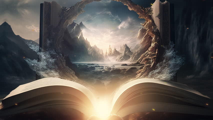 BIble Book of Creation with Fantasy and Magic Literature Religion Concept Open Learn Page Imagination Education Study Knowledge Wisdom Light Idea School Read Magical Universe Abstract Story Christian Royalty-Free Stock Footage #1098340777