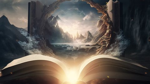 BIble Book of Creation with Fantasy and Magic Literature Religion Concept Open Learn Page Imagination Education Study Knowledge Wisdom Light Idea School Read Magical Universe Abstract Story Christian Stockvideo