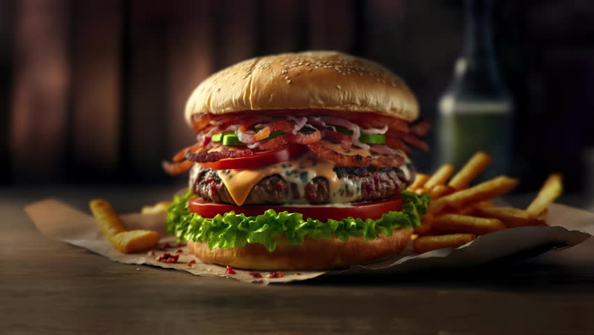 Grilled Beef Burger with Melted Cheese and Fresh Vegetables on a Wooden Table Fast Food Unhealthy Diet Balanced Eating Habits Tasty Temptation Concept | Shutterstock HD Video #1098340789