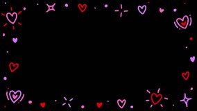 4K HD Doodle Cute Love Heart Valentines Confetti Rectangle Frame Border Hand Drawn Drawing Cartoon Dancing Line Stop Motion Minimal Loop Animation Motion Graphic Pink Red Black Green Screen Background