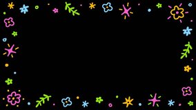 4K HD Doodle Cute Daisy Flower Blossom Floral Confetti Rectangle Frame Border Hand drawn Cartoon Dancing Line Stop Motion Minimal Loop Animation Motion Color Graphic Black Green Screen Background