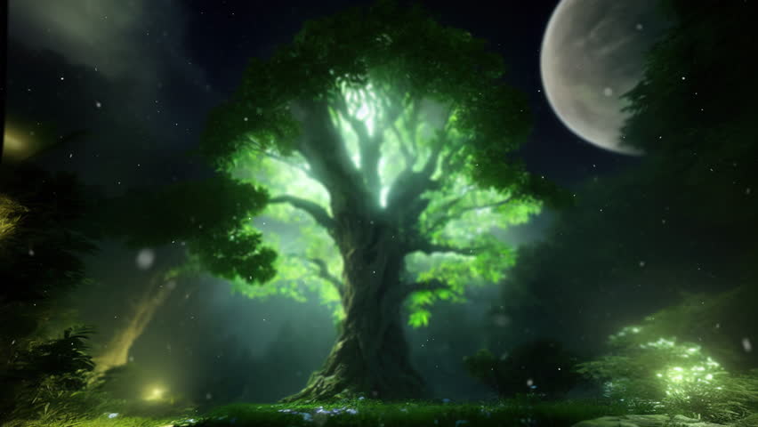 Enchanted Forest Tree with Colorful Magic and Mysterious Nature Landscape Fantasy Sun Branch Sunshine Old Wood Leaf Magical Trunk Environment Fairy Enchanted Royalty-Free Stock Footage #1098340843