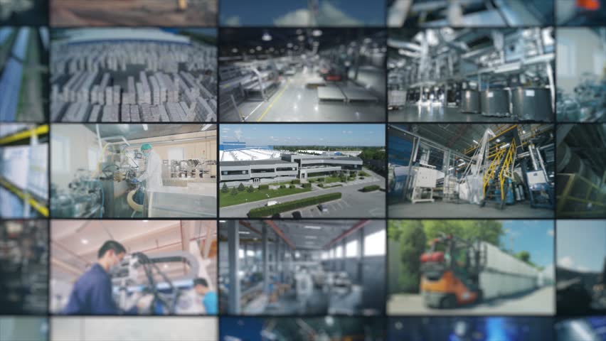 Video wall montage industrial production. Modern multiscreen video factory. Exterior of a modern factory. Industrial video collage