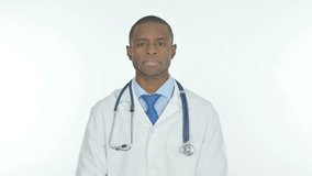 Talking Young African Doctor Doing Video Chat on White Background