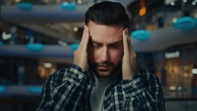 Sick caucasian man unhealthy businessman customer male shopper feel pain headache migraine hangover covid-19 grippe symptom bad feelings touch head temples suffer from chronic disease health illness - Powered by Shutterstock - Get 15% off with code: PIKWIZARD15