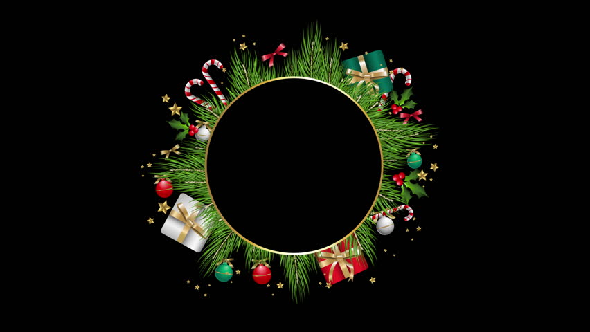 4K animation Design New Year and Christmas cypress leaves with Christmas Black Backdrop. Celebration or greeting card frame template with realistic pine tree fresh branches with Christmas Decorations
