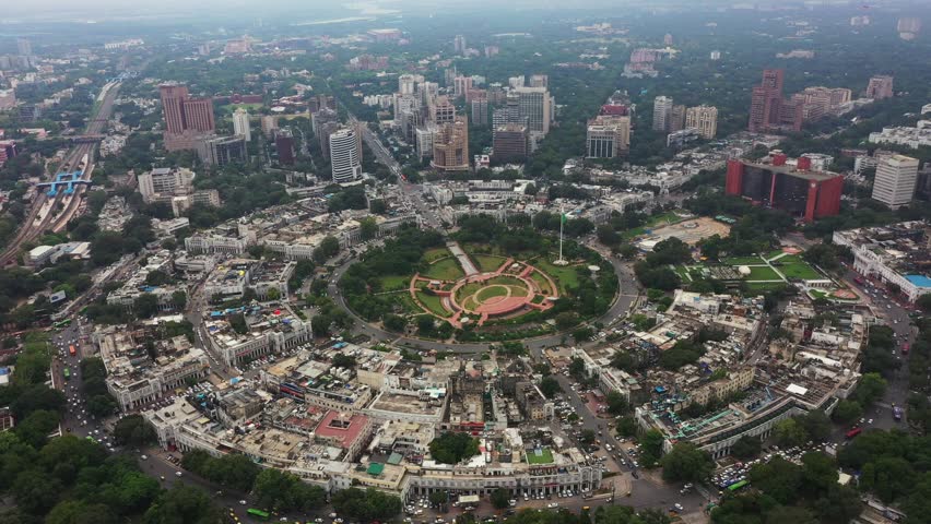 An aerial shot of the busy street at Connaught Place in New Delhi, India
