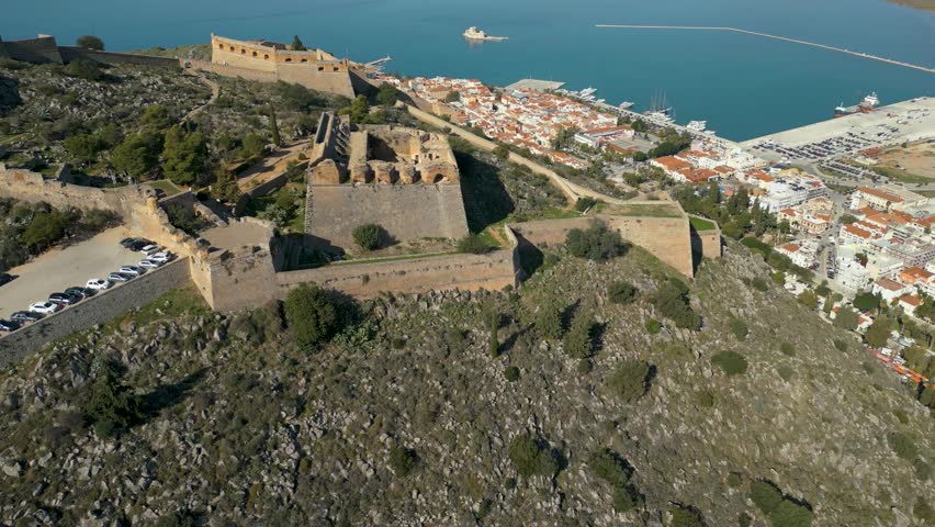 Aerial view around the city Nafplion in Greece on a sunny day in autumn	