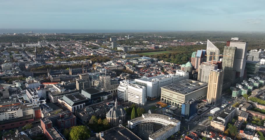The Hague urban skyline of the center in The Netherlands south Holland, houses dutch government embassier ministires and supreme court and royal family. Aerial drone view.
