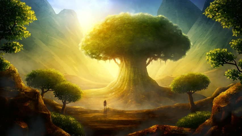 A giant ancient tree is seen in the distance by a tiny human figure in a fantasy landscape. Camera movement advance. Digital painting and 3d rendering Royalty-Free Stock Footage #1098347119