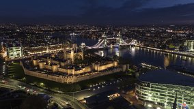 Establishing Aerial View Shot of London UK, United Kingdom, Tower of London, Tower Bridge, Traitors' Gate, Chapel Royal of St Peter ad Vincula, All Hallows, Lanthorn Tower, Roman Wall of Londinium