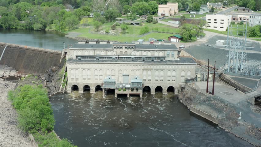 Aerial, Saint Croix Falls Dam in Wisconsin, hydroelectric power plant generating renewable energy