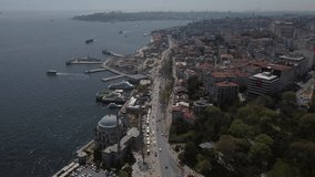 Drone shot of Istanbul, Turkey - drone is approaching a big road next to Dolmabahçe in Fındıklı. Snippet could ideally be used for travel or Istanbul related movies and Europe, Asia or Turkey videos.
