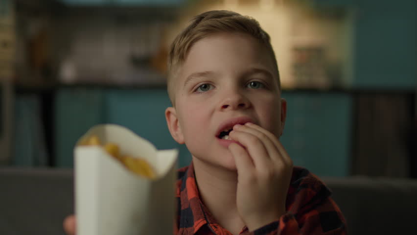 Boy Eating French Fries Looking At Camera. Child watching TV eating fast food sitting on couch POV. | Shutterstock HD Video #1098355469